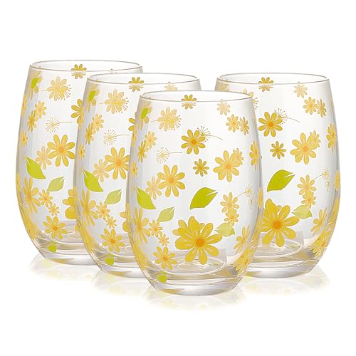 Hand Blown Etched Stemless Wine Glasses 19oz, Set of 4, Everyday Drinking Glasses, Large capacity, Unique Gifts for Him Her for Birthday, Wedding, Anniversary (Clear With Daisy) - color: Clear With Daisy