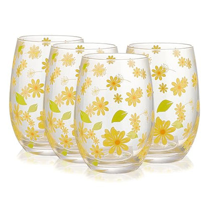 Hand Blown Etched Stemless Wine Glasses 19oz, Set of 4, Everyday Drinking Glasses, Large capacity, Unique Gifts for Him Her for Birthday, Wedding, Anniversary (Clear With Daisy) - color: Clear With Daisy