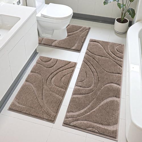 HEBE Bathroom Rugs Sets 3 Piece, Non Slip Washable Absorbent Bath Mat Set | Super Soft Plush Microfiber Bathroom Mats with Runner Set, Solid Bathmat with U-Shaped Toilet Rug Set for Tub, Shower - color: Brown, size: 20"x32"+20"x48"+20"x24"U-Shaped