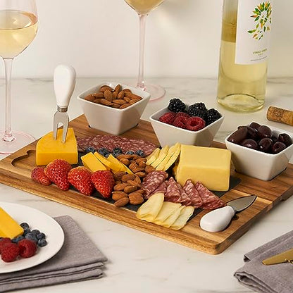 Twine Acacia & Slate Cheese Board Set - Charcuterie Board Bowls and Knives - Slate Cheese Tray Wood Cheese Board - 7-Piece Set of 1, Brown - style: Acacia & Slate Cheese Board