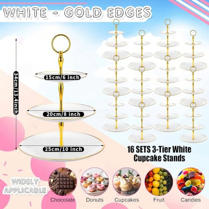Teenyyou 16 Pack 3 Tier Cupcake Stand Bulk Tiered Dessert Stand Thick Plastic Serving Tray with Gold Edges Dessert Table Display Set Tea Cake Holder for Wedding Birthday Party (White) - color: White