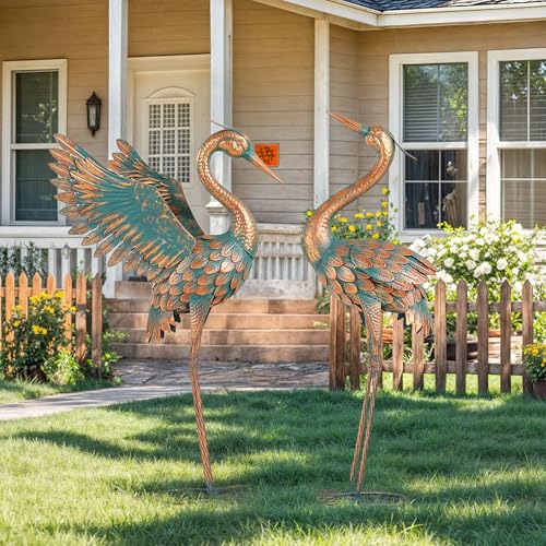 36.8" Metal Crane Garden Statue, Extra-Large Heron Yard Art | Handcrafted Blue Heron with U-ground Stakes for Stability. Weatherproof Iron Bird Art for Backyard, Lawn, Pond, or Patio. - color: 36" -Weathered Copper Blue
