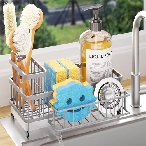 Consumest Sponge Holder for Kitchen Sink - Auto Draining Sink Caddy Organizer with Detachable Rack, High Brush Holder, Kitchen Countertop Storage Accessories, Grey - color: Gray, size: Large