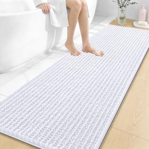 OLANLY Bathroom Runner Rugs 70x24, Thick Soft Absorbent Chenille Bath Rugs | White, Quick-Drying Rubber Backing, Long Shaggy Bath Mat, Machine Washable for Floor, Tub and Shower, Home Decor Accessories - color: White, size: 70" x 24"