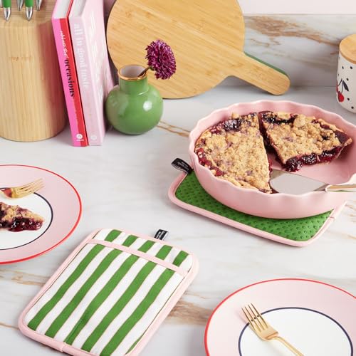 kate spade new york Botanical Stripe Pot Holder 2-Pack Set, 7" x 10", Green/Pink - color: Green/Pink