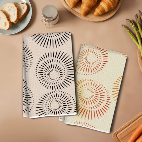 2 Pcs Sunburst Kitchen Towels 14x24 Inch, Modern Minimalist Absorbent Microfiber Decorative Dish Cloth Tea Towel, Waffle Hand Towels for Home Kitchen Bathroom, Housewarming Gifts for Women - color: Lcs Multicolor 02576