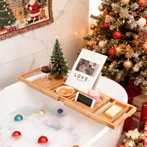 Utoplike Bamboo Bathtub Caddy Tray for Tub, Adjustable Bath Table | Bathroom Organizer with Book Tablet, Wine Glass Cup, Towel Holder - color: Natural