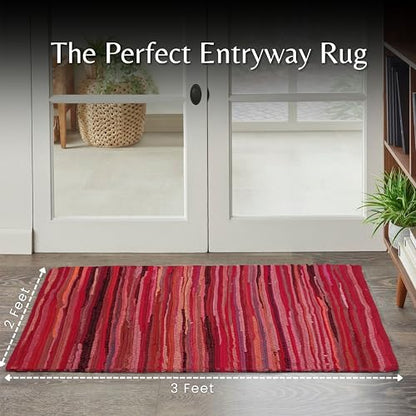 Chindi Woven Rug 2x3 Feet - Red | Cotton Throw Rugs for Kitchen, Entryway, Easy Care Small Boho Mat - color: Red, size: 2 x 3 feet