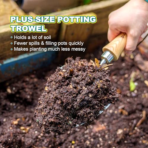 Berry&Bird Potting Trowel, Oversized Garden Hand Shovel with Sharp Blade & Wood Handle, Stainless Steel Gardening Tool for Roots, Planting, Digging, Transplanting, Soil Loosening and Fertilizer Mixing - color: Plus-size Potting Trowel