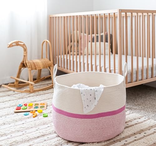 OrganiHaus Round Toy Basket & Blanket Basket, Cotton Rope 20x13" | Striped Pink - Round Cotton Rope Basket, 20x13" - color: Striped Pink, size: Wide