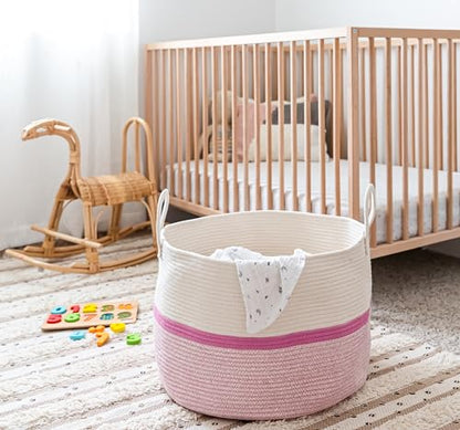 OrganiHaus Round Toy Basket & Blanket Basket, Cotton Rope 20x13" | Striped Pink - Round Cotton Rope Basket, 20x13" - color: Striped Pink, size: Wide