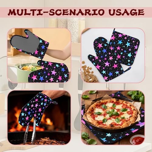 Blue Pink Stars Heat-Resistant Silicone Oven Mitts and Pot Holder 4 Piece Set,Non-Slip Kitchen Oven Gloves for Baking, BBQ, Cooking,Grilling - color: Blue Pink Stars