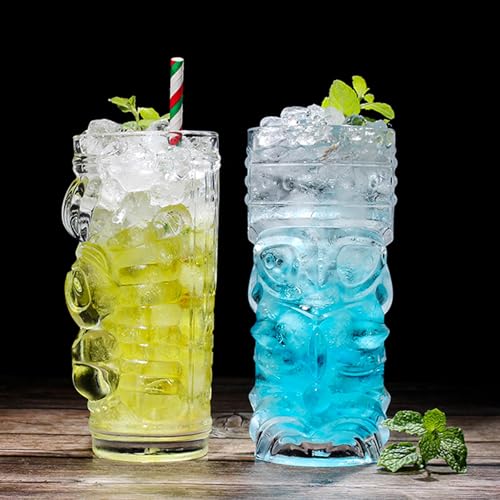 Tiki Glasses Set of 6 - 14 Oz Highball Glasses for Cocktails - Modern Clear Tropical Cups Tumbler Set - Mixed Drinking Glass for Hawaiian Bar Island Party Beverages Iced Tea