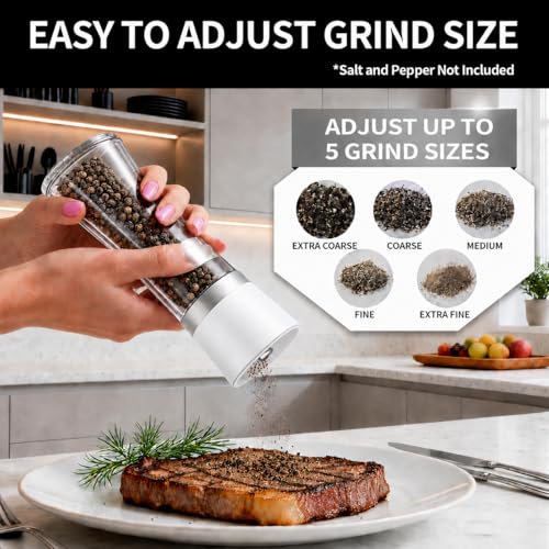 Premium Salt and Pepper Grinder Set of 2, 6 oz Refillable Glass Salt and Pepper Shakers with Adjustable Ceramic Grinder, Manual Pepper Mill Set Includes Funnel & Cleaning Brush, Transparent Lid - color: White, size: 2.5"W x 7.5"H