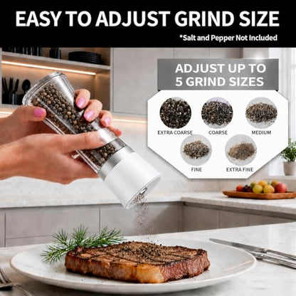 Premium Salt and Pepper Grinder Set of 2, 6 oz Refillable Glass Salt and Pepper Shakers with Adjustable Ceramic Grinder, Manual Pepper Mill Set Includes Funnel & Cleaning Brush, Transparent Lid - color: White, size: 2.5"W x 7.5"H