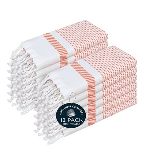 Orange Turkish Kitchen Towels 16x26 Inch, 12 Pack, 100% Cotton, Ultra Absorbent, Soft, Fast Dry, Machine Washable, Dish Towel with Tassels for Drying Dishes, Cleaning, Everyday Use - color: Bright Orange, style: 12 Pack