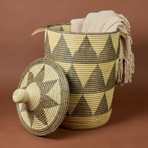Tall Large Decorative Wicker Storage Basket with Lid, Laundry Hamper, Blanket Storage, Toys Bin, Clothes Holder, Boho Style (Black Beige) - color: Black Triangles