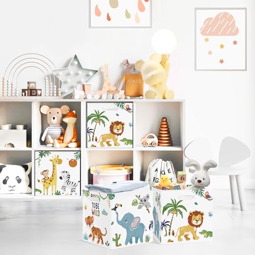 Clastyle 11.8" Animal Storage Basket Set of 3 for Kid Toy Clothes Bin | Collapsible Fabric Book Bin, Metal Frame Bottom Board, Cube Organizer, Closet Nursery Pantry Shelf Bedroom, Safari Lion - color: Lion Elephant