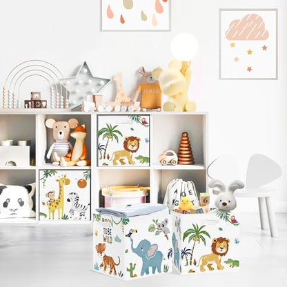 Clastyle 11.8" Animal Storage Basket Set of 3 for Kid Toy Clothes Bin | Collapsible Fabric Book Bin, Metal Frame Bottom Board, Cube Organizer, Closet Nursery Pantry Shelf Bedroom, Safari Lion - color: Lion Elephant