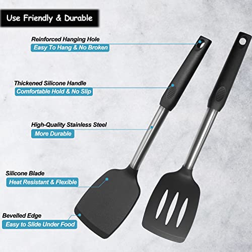 Silicone Spatula and Cooking Spoon,5 Pack Non-Stick Cooking Utensils for Kitchen，Heat Resistant Solid & Slotted Spoons and Spatulas, Stainless Steel Handle Coated with Silicone,Black - color: Black