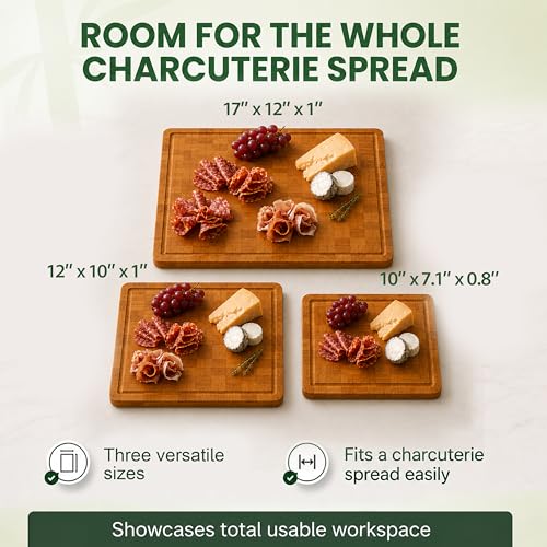 Wood Cutting Boards for Kitchen with Juice Groove, Eco-Friendly Wooden Bamboo Chopping board, Food-Safe, Non Plastic Tabla Para, Carbonized Butcher Block for Meat, Veggies Fruits, 3-Set - style: Set of 3