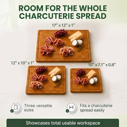 Wood Cutting Boards for Kitchen with Juice Groove, Eco-Friendly Wooden Bamboo Chopping board, Food-Safe, Non Plastic Tabla Para, Carbonized Butcher Block for Meat, Veggies Fruits, 3-Set - style: Set of 3
