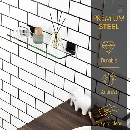 KOKOSIRI Bathroom Glass Shelf 16-Inch Tempered Glass Floating Shelves Shower Storage Kitchen Hanging Rack Wall Mount, Black Stainless Steel B1107BK-L16 - color: Matte Black, size: 16-Inch