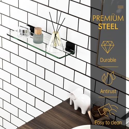 KOKOSIRI Bathroom Glass Shelf 16-Inch Tempered Glass Floating Shelves Shower Storage Kitchen Rack Wall Mount, 2 Pack Black Stainless Steel B1107BK-L16-P2 - color: Matte Black, size: 16-Inch(2 Pack)
