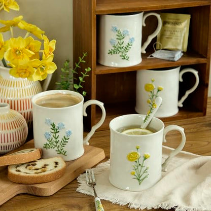 2 Pack Floral Ceramic Coffee Mugs - Yellow and Blue Flowers, Hand-Painted, Microwave & Dishwasher Safe, Ideal for Cappuccino, Tea, Hot Chocolate - color: Two-piece set