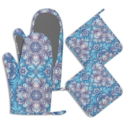 Mandela Flower Oven Mitts and Pot Holders Sets of 4 Abstract Boho Floral Heat Resistant Silicone Oven Mits Gloves Non-Slip Kitchen Mittens Potholders for Cooking Baking Grilling BBQ - color: Mandela Flower,abstract Boho Floral