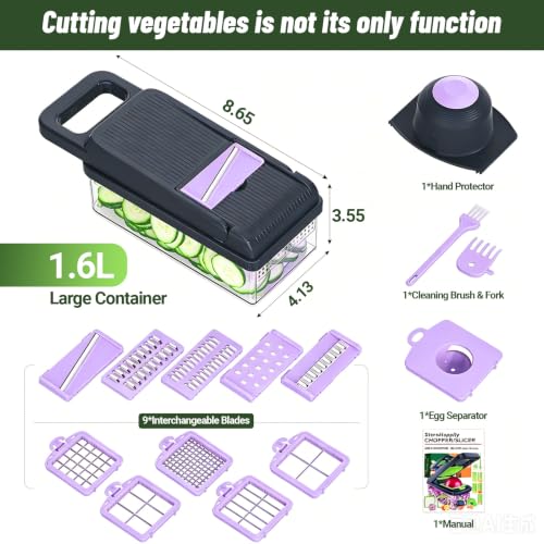 12-in-1 Vegetable Chopper 7 Blades, Veggie Cutter with Handle, Black/Purple | Stainless Steel Blades, Food Container and Lid, Dicer, Slicer, Julienne, Egg Separator, Non-slip Base, Include Cleaning Tools - color: Purple, size: 7 blades