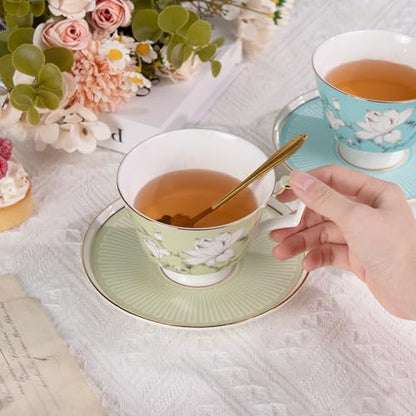 KAMMAK Ceramic Coffee Cups Saucers Set of 2, Porcelain Espresso Cups with Saucers, 8.12 oz Handcrafted Elegant Bone China Tea Cups, Blue & Sage Green Flower Teacup for Party, Office, Women Gift - color: Spring Magnolia (Green + Blue)