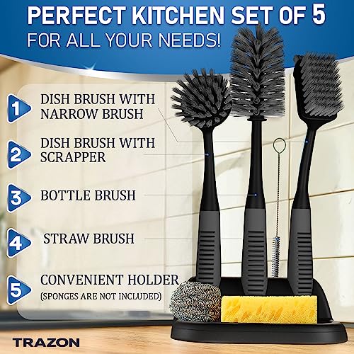 Dish Brush Set of 5 with Holder - Kitchen Scrub Brushes with Non-Slip Long Handle for Cleaning, Scrubber, Dishwashing, Dishes, Bottles, Straws, Cups, Pots & Sink, Black - color: Black