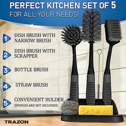 Dish Brush Set of 5 with Holder - Kitchen Scrub Brushes with Non-Slip Long Handle for Cleaning, Scrubber, Dishwashing, Dishes, Bottles, Straws, Cups, Pots & Sink, Black - color: Black