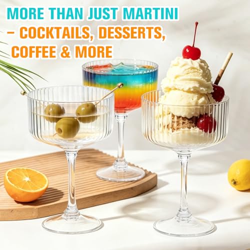 48 Pcs Plastic Martini Glasses Disposable,10oz Ribbed Martini Glasses | Unbreakable, Vintage Coupe Cocktail Glasses Set with Detachable Stem for Wedding Birthday Party Bar Supplies, Clear