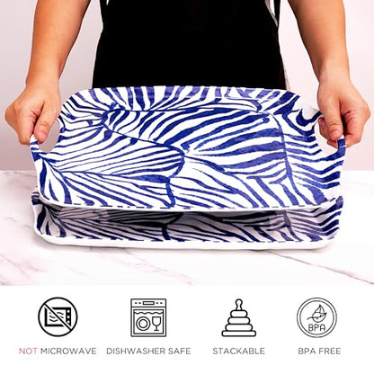 TP Serving Trays with Handles, 19 Inch Large Rectangular Melamine Serving Platter Set of 2, Blue & White - color: Blue&white, size: 19" x 12"
