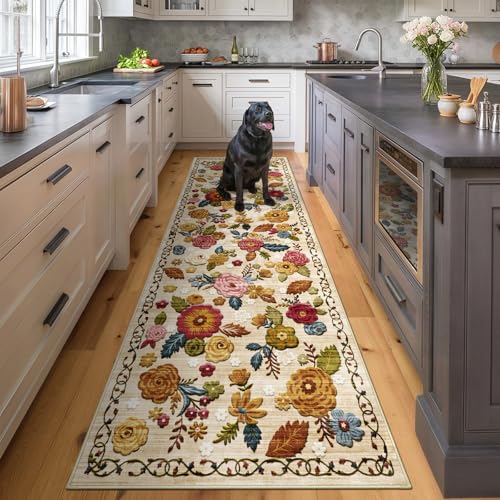 Washable 2.6x8 Runner Rug, Beige Boho Floral Non-Slip for Hallway, Kitchen | Soft Low-Pile Faux Wool Area Rug for Bedroom, Nursery, Bathroom, Laundry, Kid & Pet Friendly, Stain, Fade & Wear Resistant - color: Beige, Cream, Mustard, Brick Red and Blue, siz