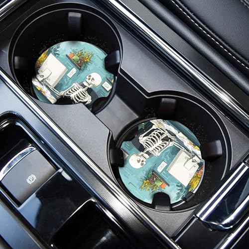 WOCOCN Cute Cup Holder Coasters for Your Car with Fingertip Grip | Auto Accessories for Women & Men,Pack of 2, Computer and Skeleton - color: Computer and Skeleton