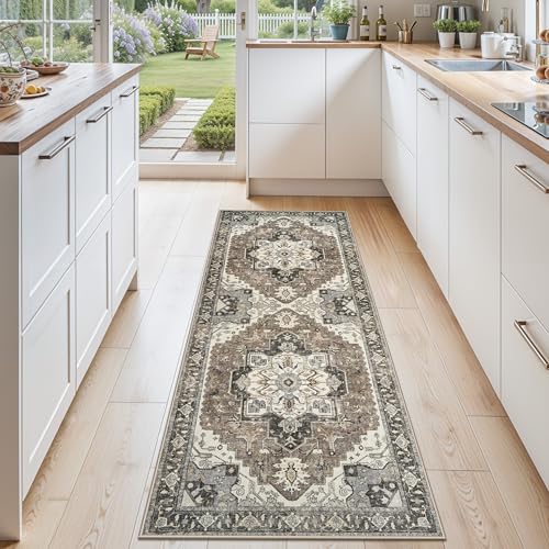 Washable Kitchen Runner Rug 2x6 - Hallway Rugs Low Pile Entryway Carpet Vintage Soft Non-Slip Stain Resistant Indoor Floor Distressed Mat Home Decor for Bedside Bathroom Entrance(Beige/Blue/Grey,2x6) - color: Beige, size: 2' x 6' (Runner)
