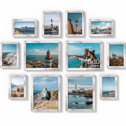 Vittanly 12 Pack Picture Frames Collage Wall Decor, Distressed White | Gallery Wall Frame Set: 4pcs 8x10, 4pcs 5x7 & 4pcs 4x6 Photos for Wall & Table, Picture Frames made of Engineered Wood - color: Distressed White