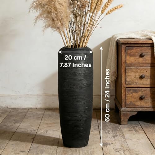 Black Rustic Ceramic Floor Vase, 24 Inch, Ribbed Texture | Living Room, Entryway, Fireplace, Pampas Grass, Dried Branches - size: 23.6 Inch