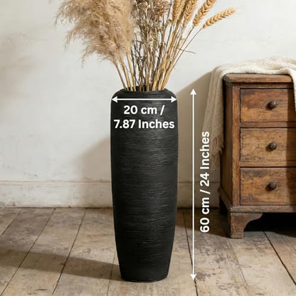 Black Rustic Ceramic Floor Vase, 24 Inch, Ribbed Texture | Living Room, Entryway, Fireplace, Pampas Grass, Dried Branches - size: 23.6 Inch