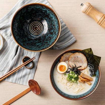 8 Inch Ceramic Ramen Bowl Set of 2, 40oz Japanese Bowls with Spoons & Chopsticks,Durable,Microwave & Dishwasher Safe,Perfect for Ramen,Pho,Salad,Soup,Noodles，Mixing bowls（Verdigris Green） - color: Verdigris Green