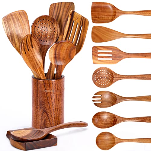 Mooues Wooden Kitchen Utensil Set, 9 Piece Natural Teak with Spoon Rest | Wooden Cooking Utensils with Comfort Grip, Smooth Durable Heat Resistant Cooking Spoons and Utensils Holder for Cooking - size: 9 PCS Set