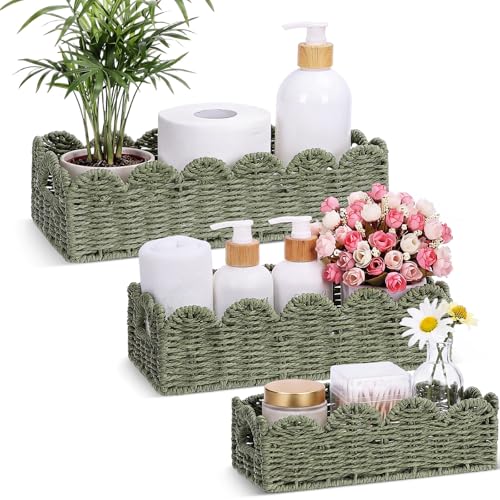 Boao 3 Pcs Boho Storage Wicker Baskets Handmade Woven Decorative Paper Rope Baskets for Organizing with Handle Countertop Toilet Paper Storage Container for Toilet Tank Top(Green,Fan-shaped) - color: Green, style: Fan-shaped