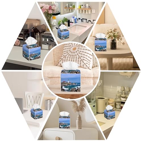 Leather Tissue Box Holder Seaside Lighthouse Tissue Box Cover Facial Paper Case Organizer Cube Napkin Dispenser for Bathroom Vanity Countertop Night Stand Office Car - color: Seaside Lighthouse