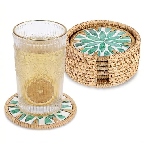 Boho Coastal Coasters Set of 6, Handmade Coasters with Holder - Cup Mat for Coffee Table, Boho Coaster for Home Décor Accents, Heat Insulation, Rattan & Mother of Pearl, 4 Inch(Green Leaf) - style: Green Leaf