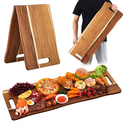 FoldTier Large Acacia Charcuterie Board with Handles 33 x 12 Inch Extra Large Christmas Wood Foldable Serving Tray Rectangular Appetizers Cheese Food Meat Board for New Home Party Housewarming Gifts - size: 33" x 12" x 12"