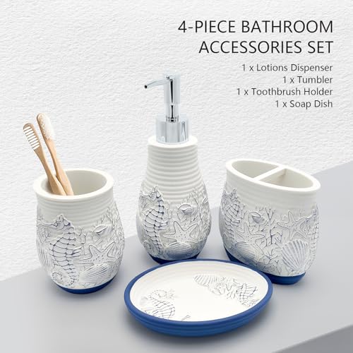 Beach Theme Bathroom Accessory Sets 4PCs Bathroom Set Complete Embossed Seashell Starfish Design Includes Lotion Dispenser Toothbrush Holder Tumbler Cup & Soal Dish - color: White With Blue, size: Soap Dish