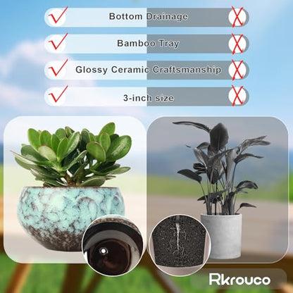 Ceramic Plants Pots 3 Inch Set of 4 Flower Pots with Drainage and Bamboo Tray for Indoor/Outdoor Small House Plants,Foliage Plant - style: Set 1